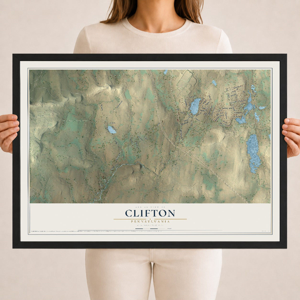 Map of Clifton, Pennsylvania, 18 x 24 inch print in a black wood frame