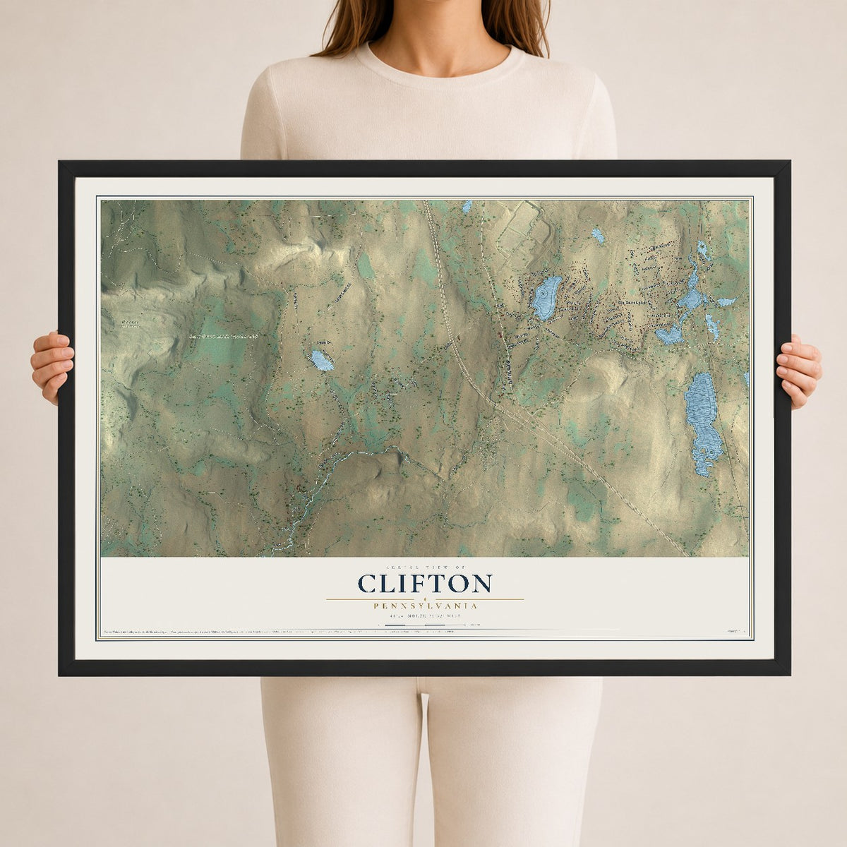 Map of Clifton, Pennsylvania, 24 x 36 inch print in a black wood frame