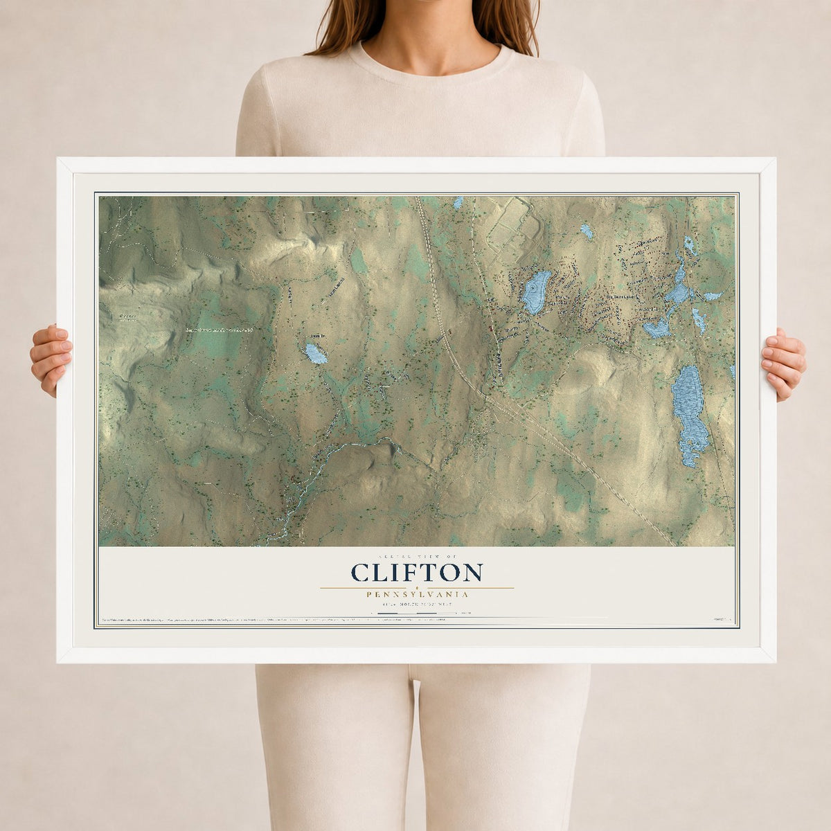 Map of Clifton, Pennsylvania, 24 x 36 inch print in a white wood frame