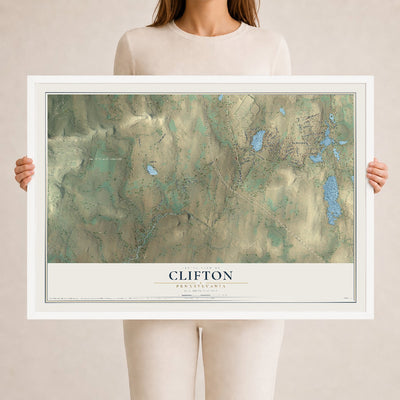 Map of Clifton, Pennsylvania, 24 x 36 inch print in a white wood frame