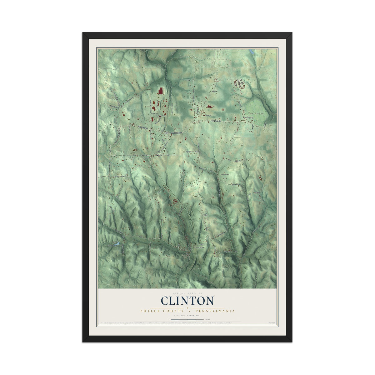 Map of Clinton, Butler County, Pennsylvania, 12 x 18 inch print in a black wood frame