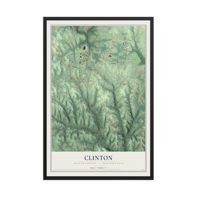 Map of Clinton, Butler County, Pennsylvania, 12 x 18 inch print in a black wood frame