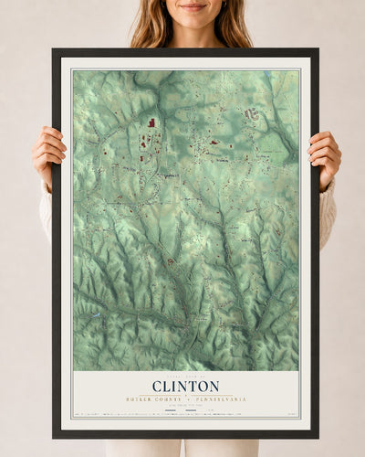 Map of Clinton, Butler County, Pennsylvania, 24 x 36 inch print in a black wood frame