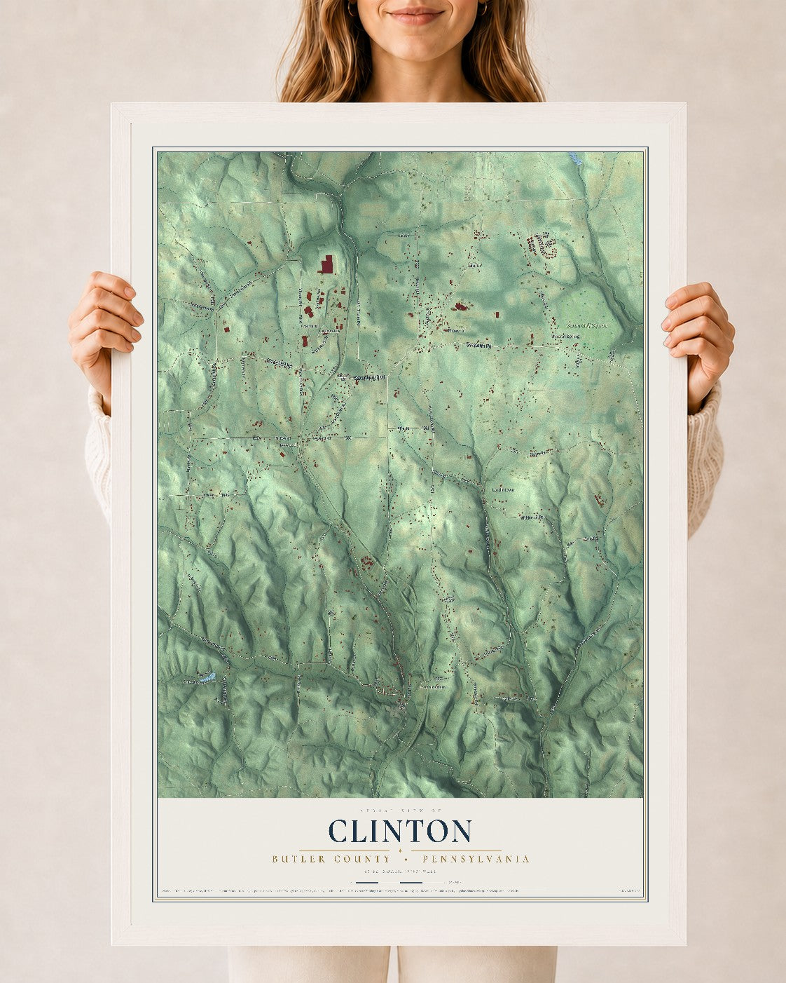 Map of Clinton, Butler County, Pennsylvania, 24 x 36 inch print in a white wood frame