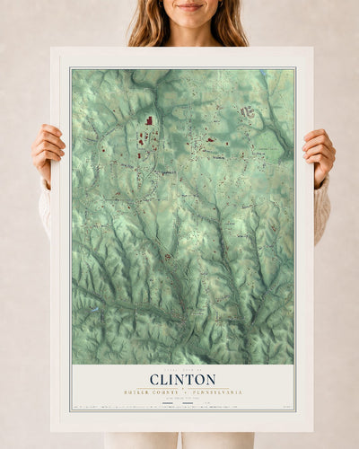 Map of Clinton, Butler County, Pennsylvania, 24 x 36 inch print in a white wood frame
