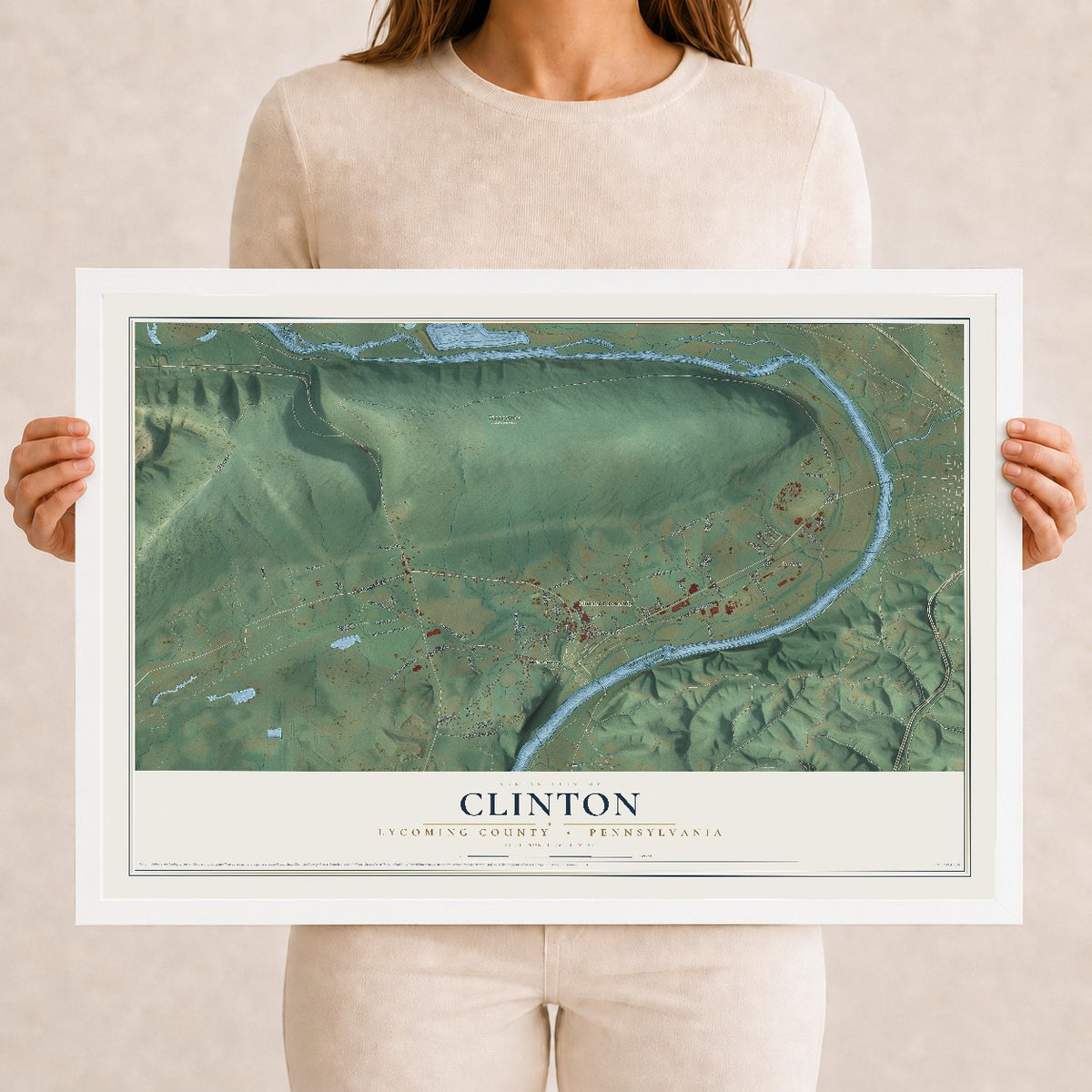 Map of Clinton, Lycoming County, Pennsylvania, 12 x 18 inch print in a white wood frame