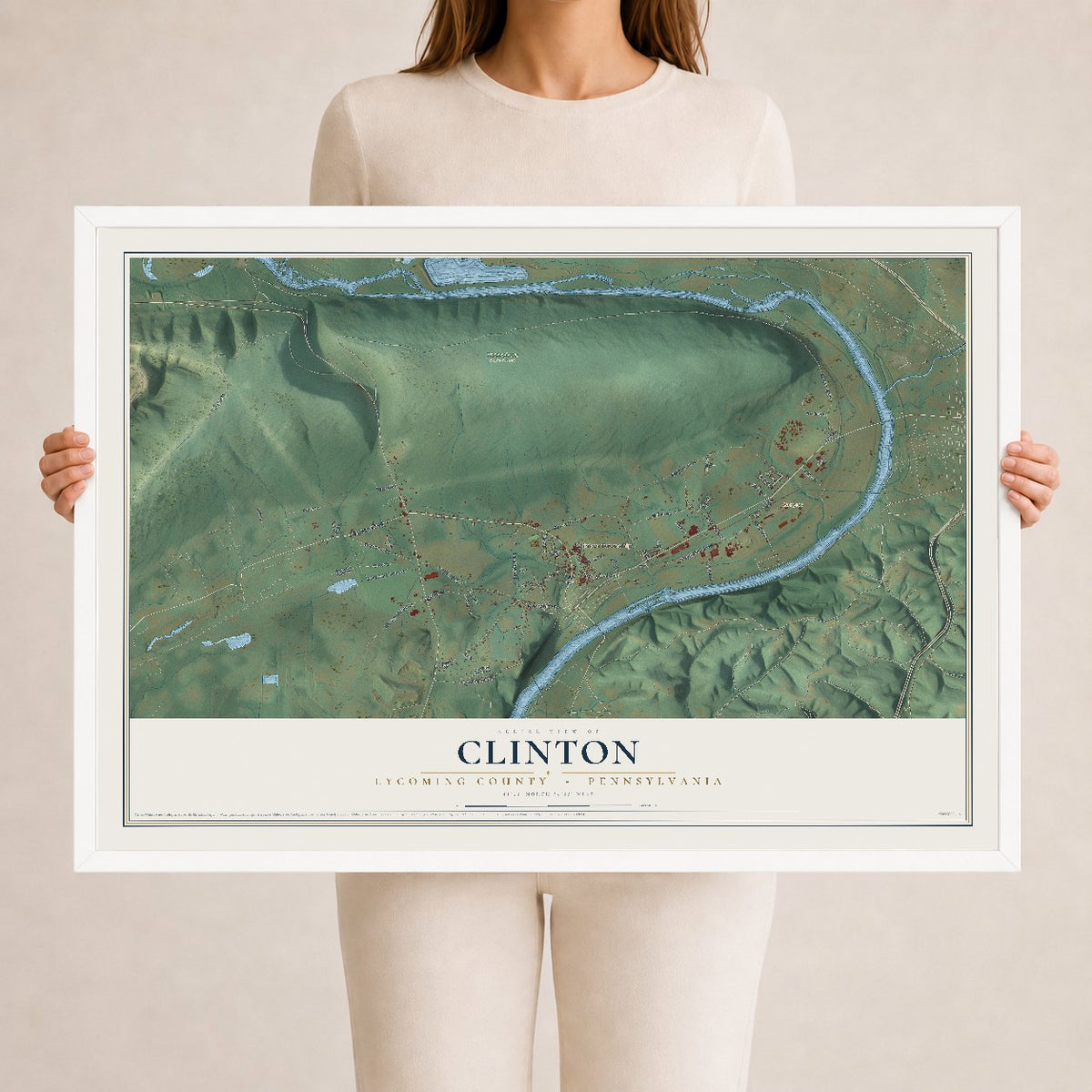 Map of Clinton, Lycoming County, Pennsylvania, 24 x 36 inch print in a white wood frame