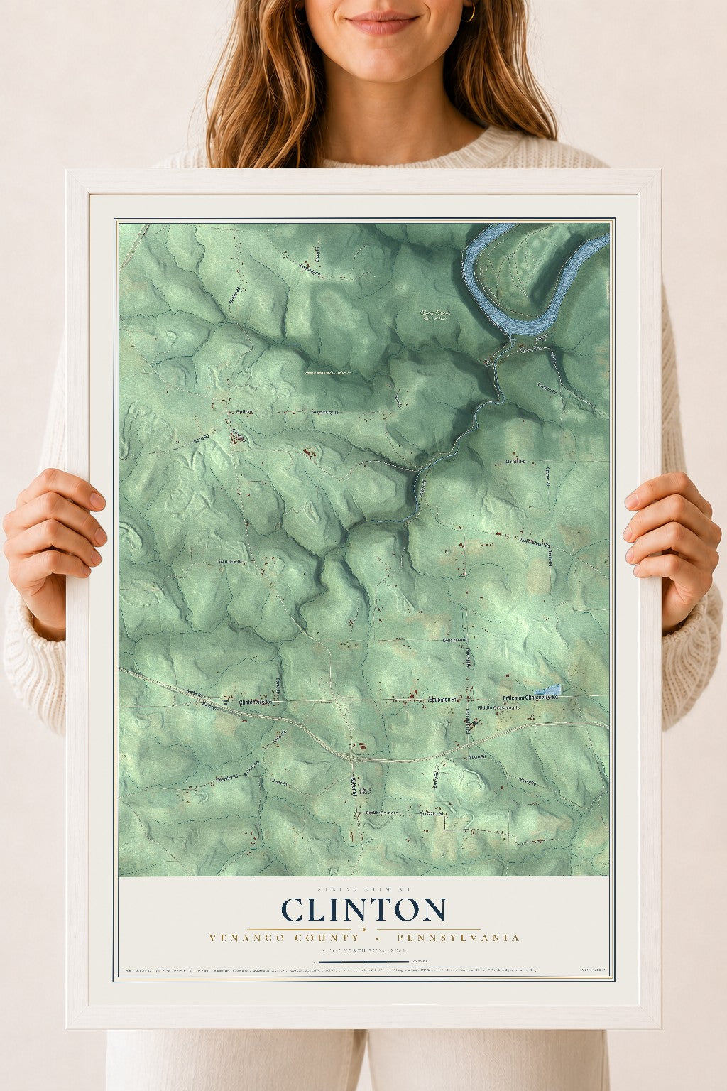 Map of Clinton, Venango County, Pennsylvania, 18 x 24 inch print in a white wood frame
