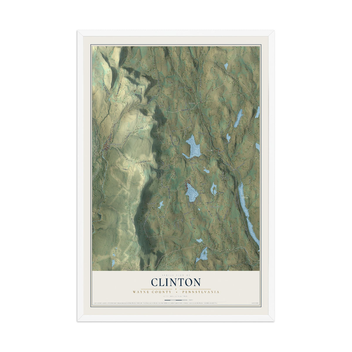 Map of Clinton, Wayne County, Pennsylvania, 12 x 18 inch print in a white wood frame