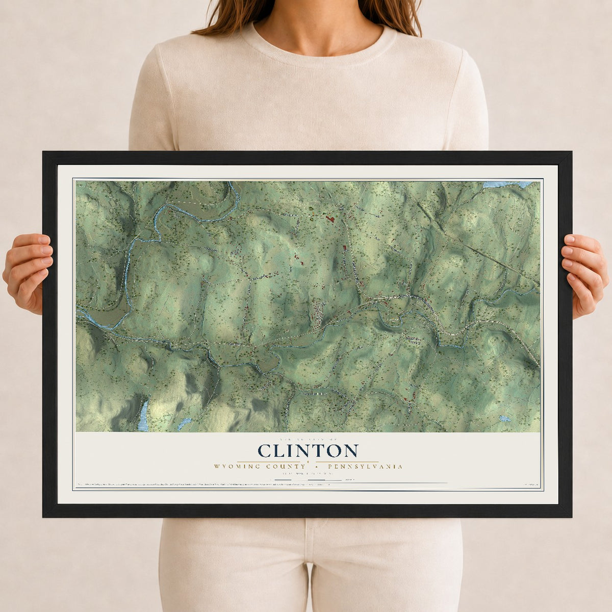 Map of Clinton, Wyoming County, Pennsylvania, 12 x 18 inch print in a black wood frame