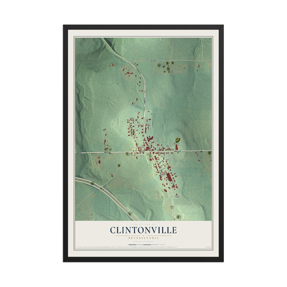 Map of Clintonville, Pennsylvania, 12 x 18 inch print in a black wood frame