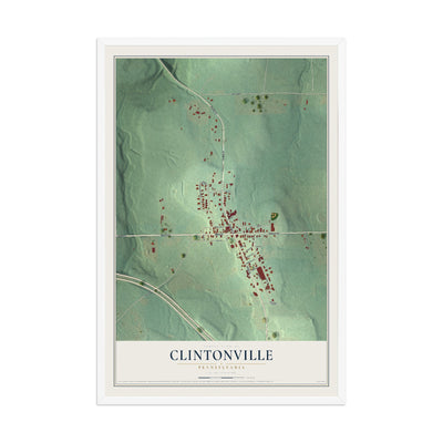 Map of Clintonville, Pennsylvania, 12 x 18 inch print in a white wood frame