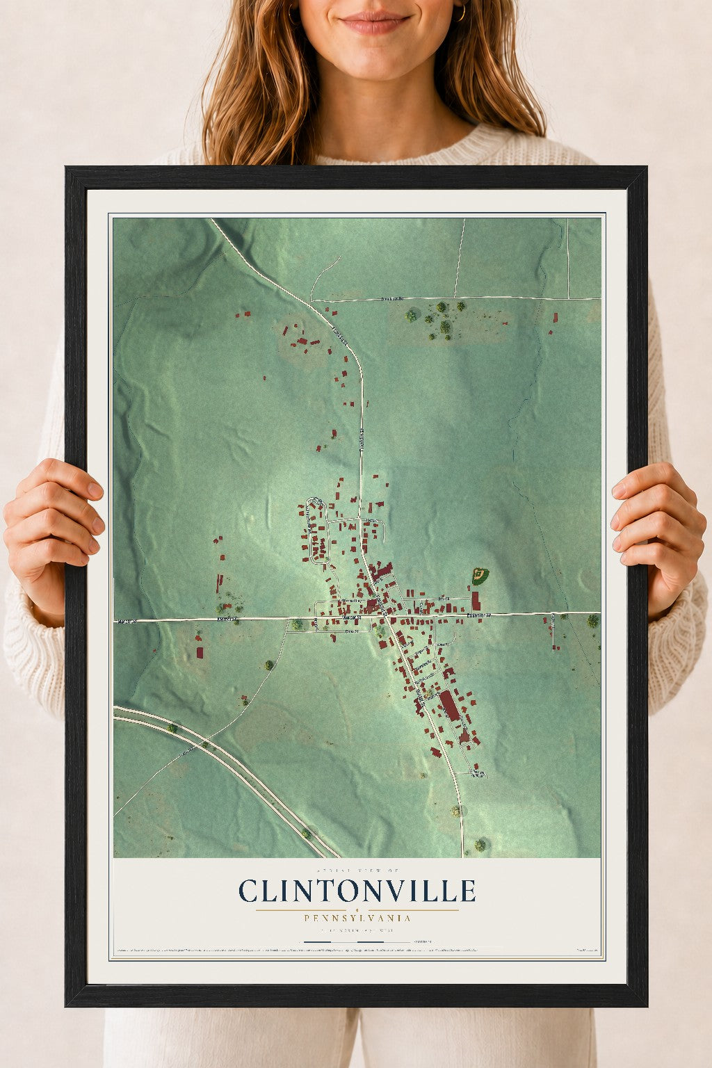 Map of Clintonville, Pennsylvania, 18 x 24 inch print in a black wood frame