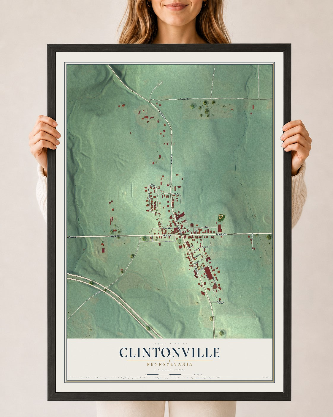 Map of Clintonville, Pennsylvania, 24 x 36 inch print in a black wood frame