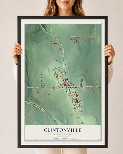 Map of Clintonville, Pennsylvania, 24 x 36 inch print in a black wood frame