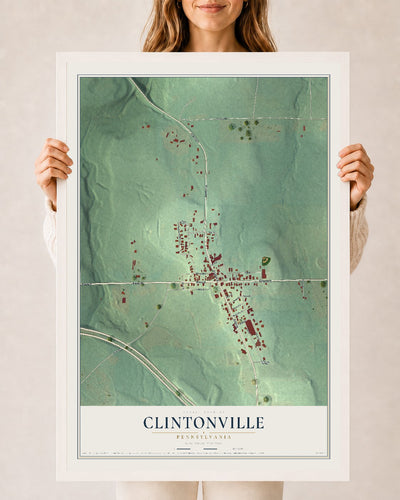 Map of Clintonville, Pennsylvania, 24 x 36 inch print in a white wood frame