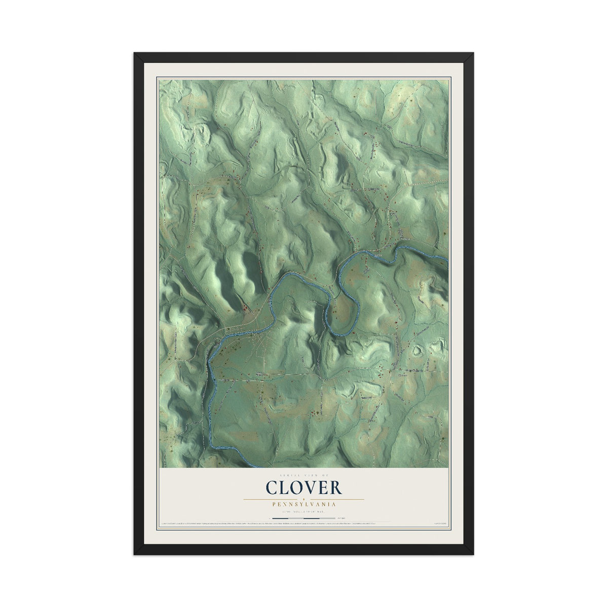 Map of Clover, Pennsylvania, 12 x 18 inch print in a black wood frame