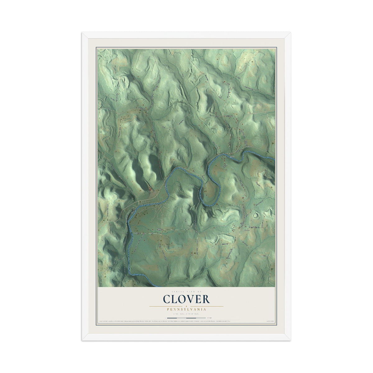 Map of Clover, Pennsylvania, 12 x 18 inch print in a white wood frame