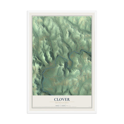 Map of Clover, Pennsylvania, 12 x 18 inch print in a white wood frame