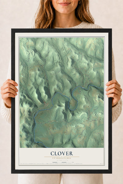 Map of Clover, Pennsylvania, 18 x 24 inch print in a black wood frame