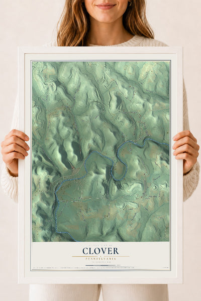 Map of Clover, Pennsylvania, 18 x 24 inch print in a white wood frame