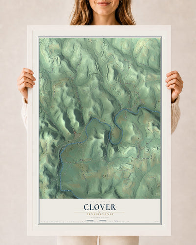 Map of Clover, Pennsylvania, 24 x 36 inch print in a white wood frame
