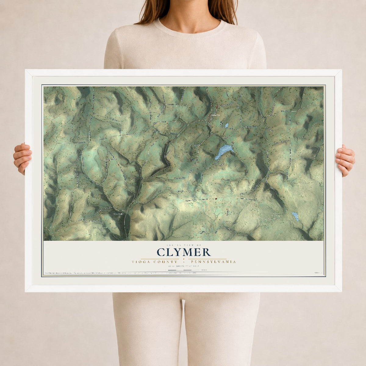 Map of Clymer, Tioga County, Pennsylvania, 24 x 36 inch print in a white wood frame