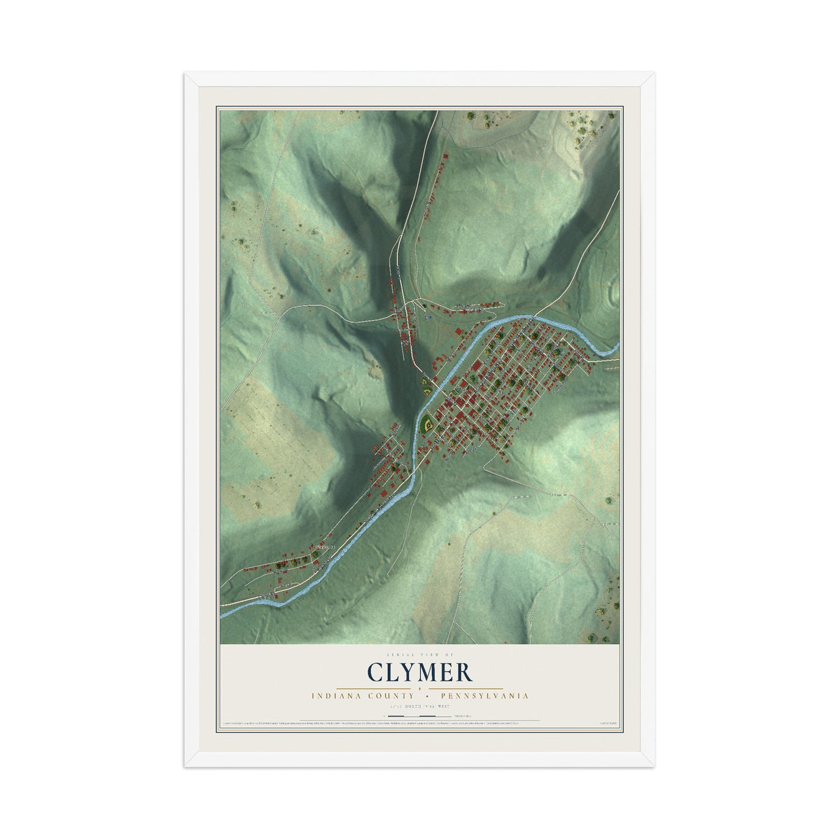 Map of Clymer, Indiana County, Pennsylvania, 12 x 18 inch print in a white wood frame