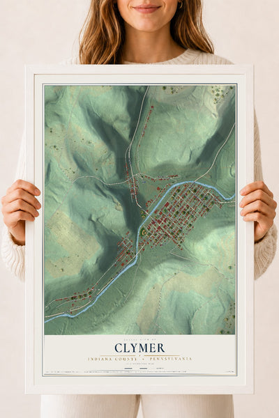 Map of Clymer, Indiana County, Pennsylvania, 18 x 24 inch print in a white wood frame