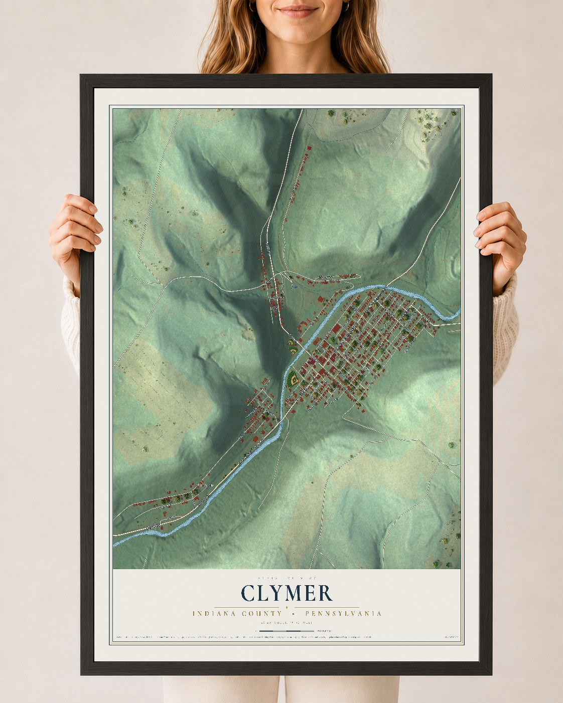 Map of Clymer, Indiana County, Pennsylvania, 24 x 36 inch print in a black wood frame