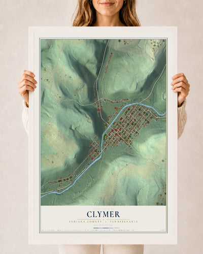 Map of Clymer, Indiana County, Pennsylvania, 24 x 36 inch print in a white wood frame