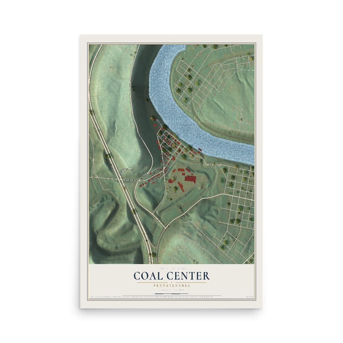 Map of Coal Center, Pennsylvania, 12 x 18 inch unframed archival matte print