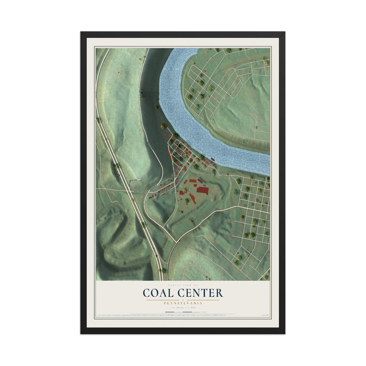 Map of Coal Center, Pennsylvania, 12 x 18 inch print in a black wood frame