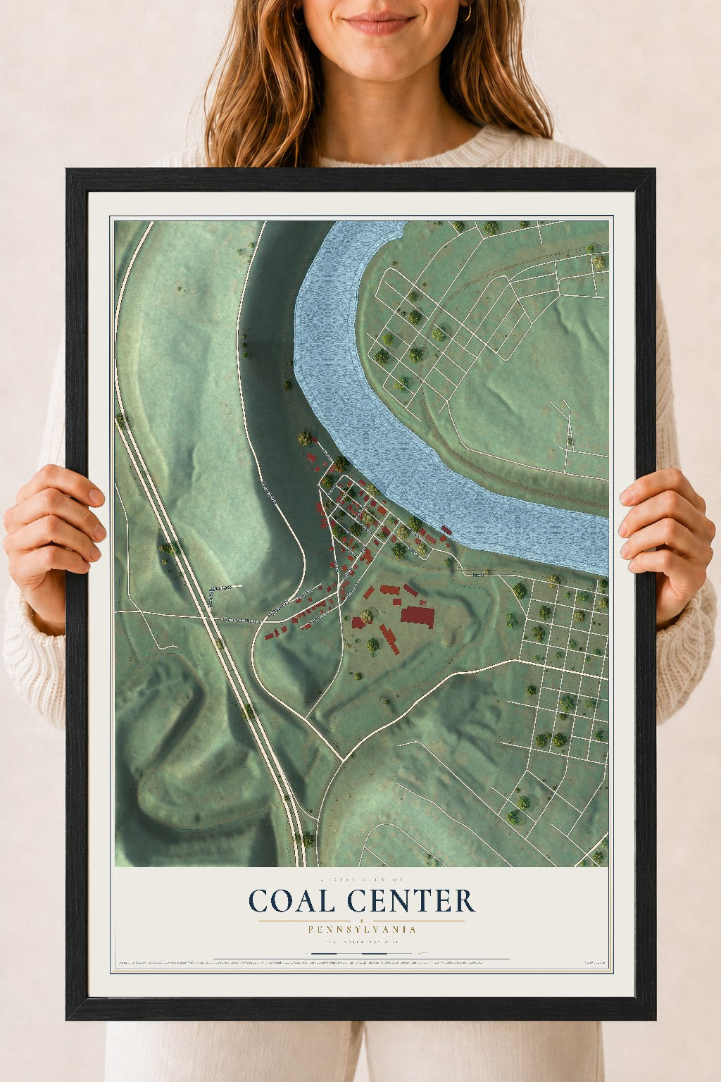 Map of Coal Center, Pennsylvania, 18 x 24 inch print in a black wood frame