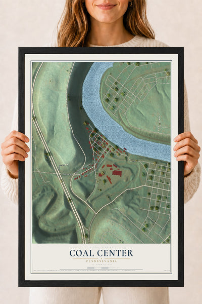 Map of Coal Center, Pennsylvania, 18 x 24 inch print in a black wood frame