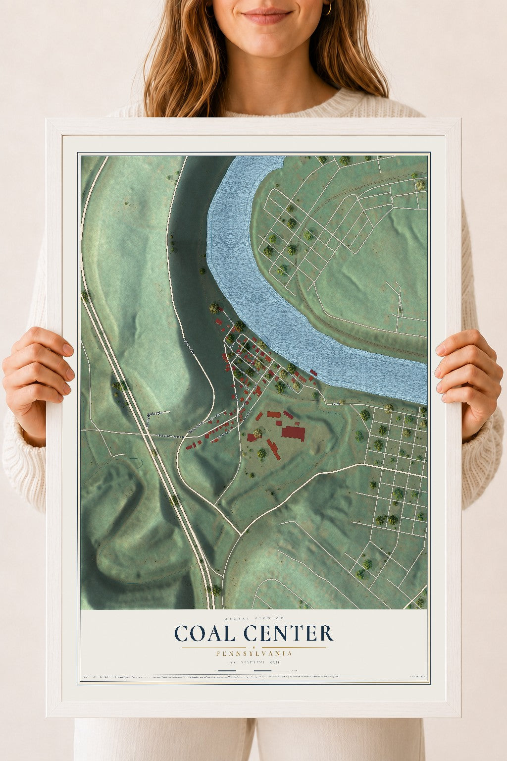 Map of Coal Center, Pennsylvania, 18 x 24 inch print in a white wood frame