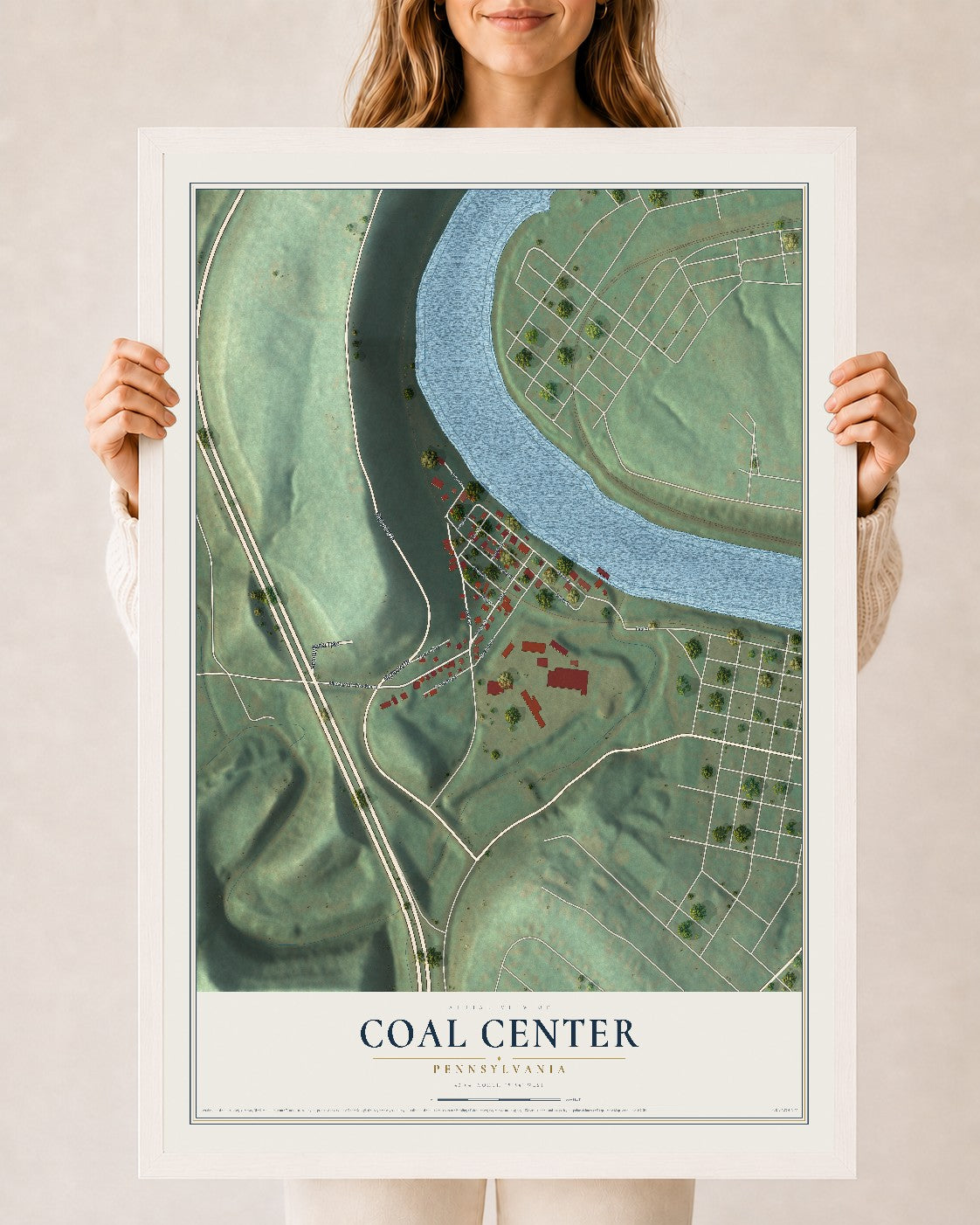 Map of Coal Center, Pennsylvania, 24 x 36 inch print in a white wood frame
