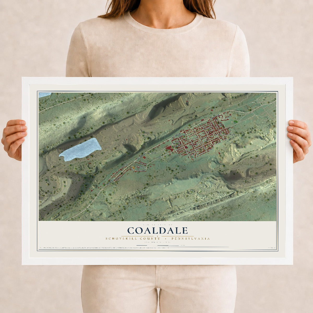 Map of Coaldale, Schuylkill County, Pennsylvania, 12 x 18 inch print in a white wood frame
