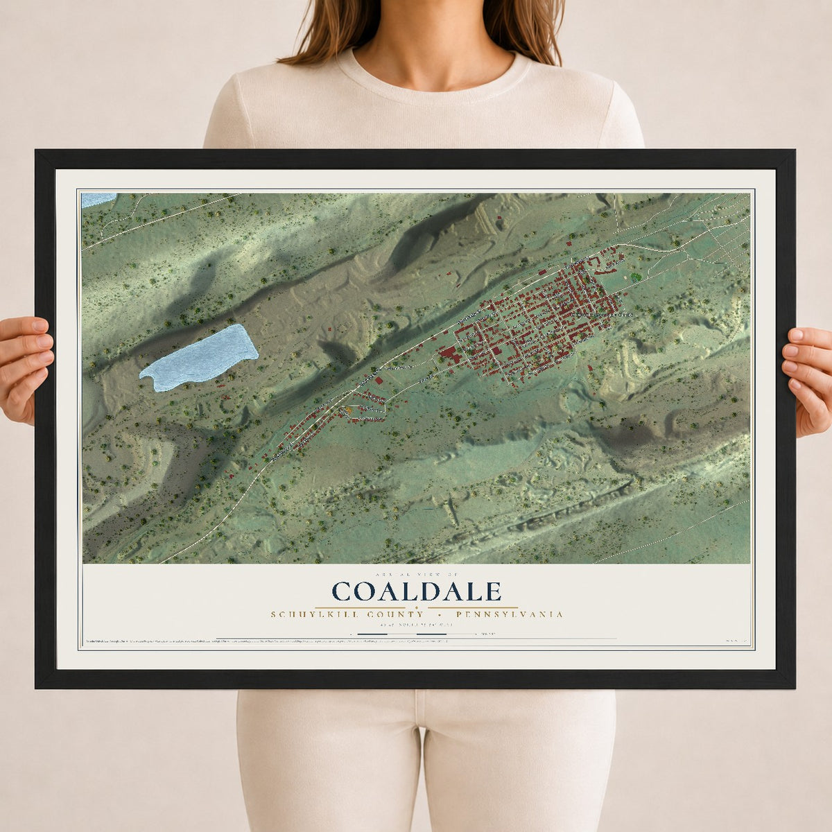 Map of Coaldale, Schuylkill County, Pennsylvania, 18 x 24 inch print in a black wood frame