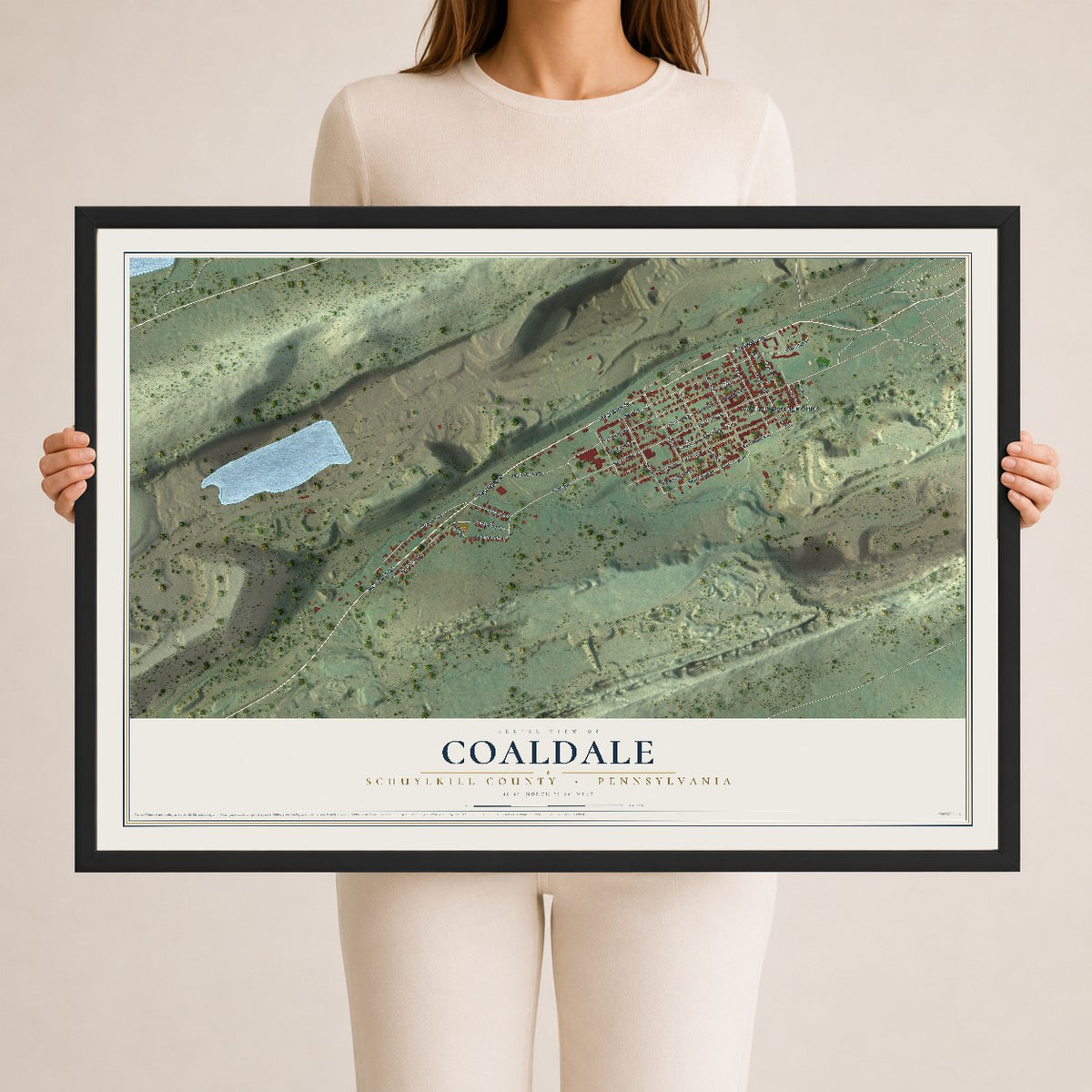 Map of Coaldale, Schuylkill County, Pennsylvania, 24 x 36 inch print in a black wood frame