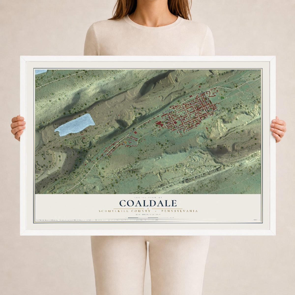 Map of Coaldale, Schuylkill County, Pennsylvania, 24 x 36 inch print in a white wood frame
