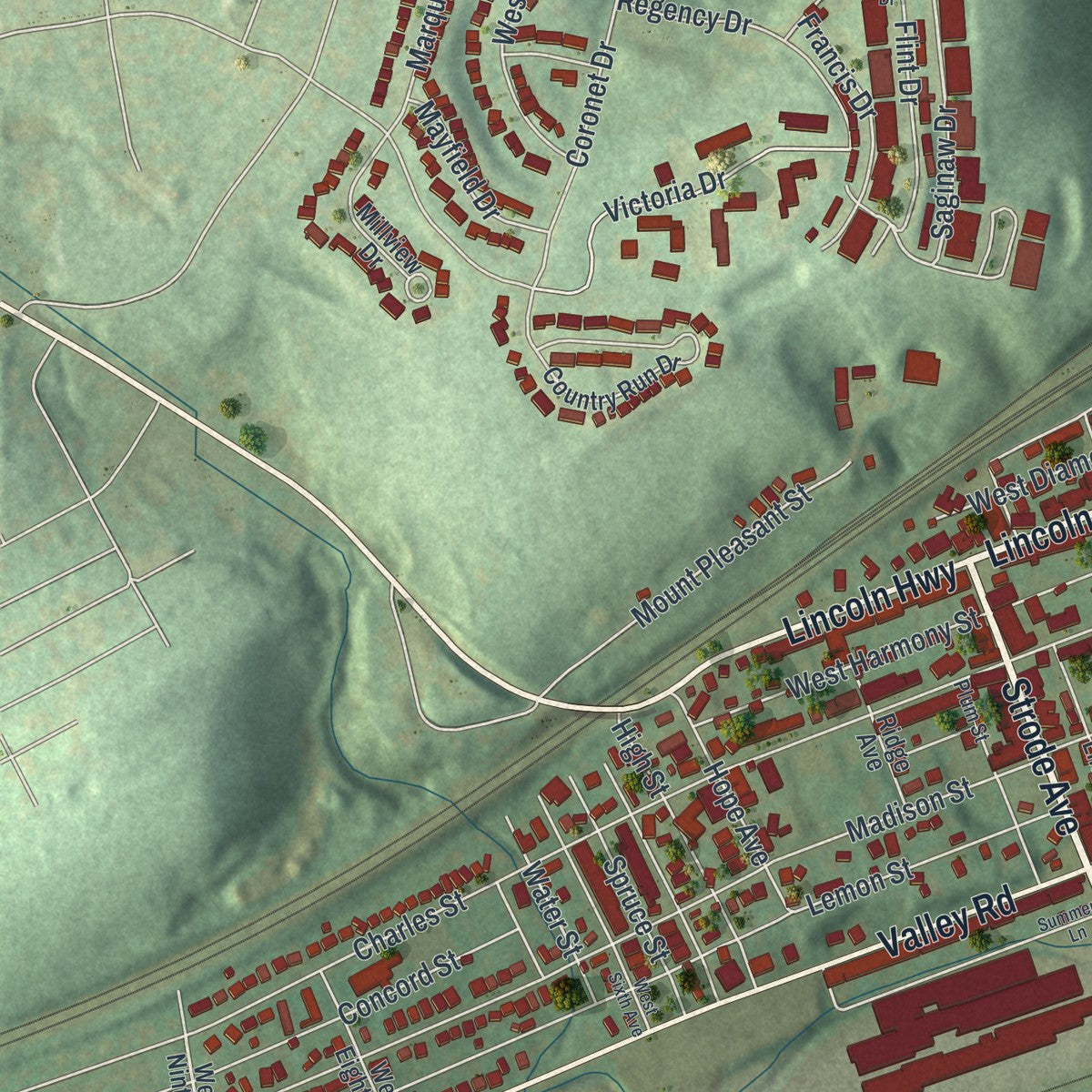 Second close-up of the map of Coatesville, Pennsylvania print showing more streets and buildings
