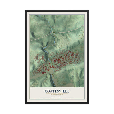 Map of Coatesville, Pennsylvania, 12 x 18 inch print in a black wood frame