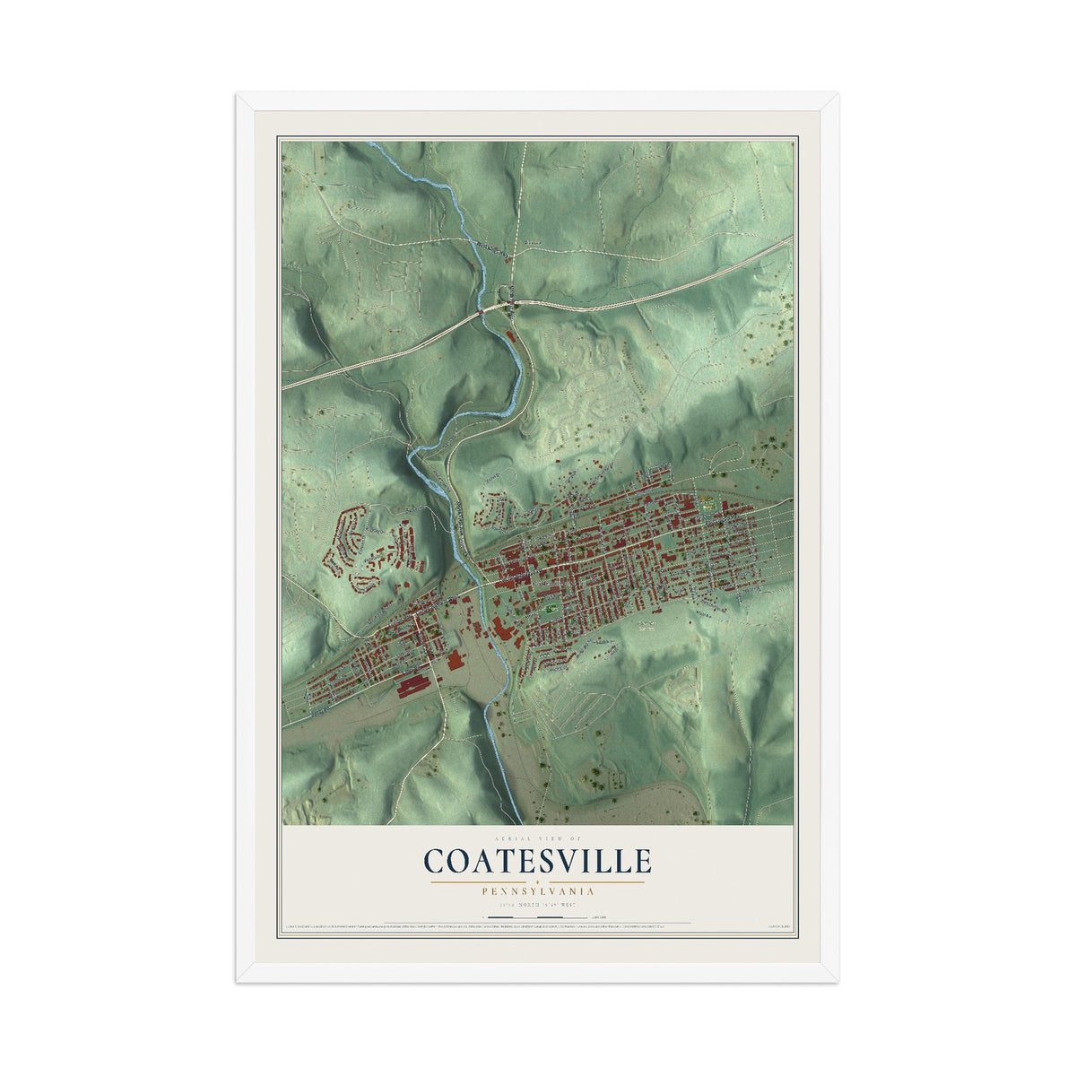 Map of Coatesville, Pennsylvania, 12 x 18 inch print in a white wood frame
