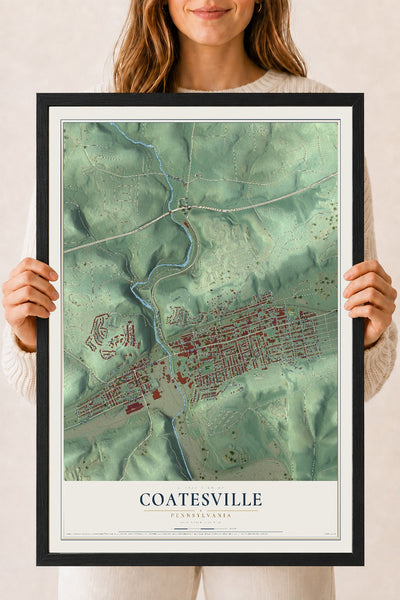 Map of Coatesville, Pennsylvania, 18 x 24 inch print in a black wood frame