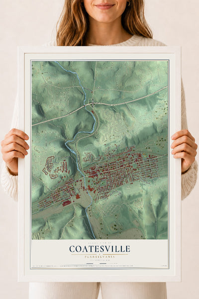 Map of Coatesville, Pennsylvania, 18 x 24 inch print in a white wood frame