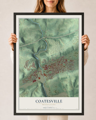 Map of Coatesville, Pennsylvania, 24 x 36 inch print in a black wood frame