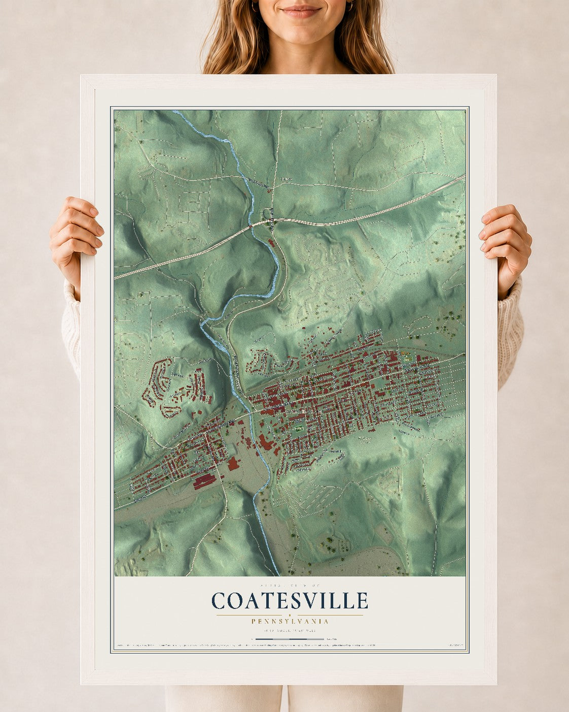 Map of Coatesville, Pennsylvania, 24 x 36 inch print in a white wood frame