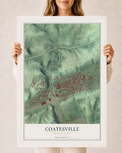 Map of Coatesville, Pennsylvania, 24 x 36 inch print in a white wood frame