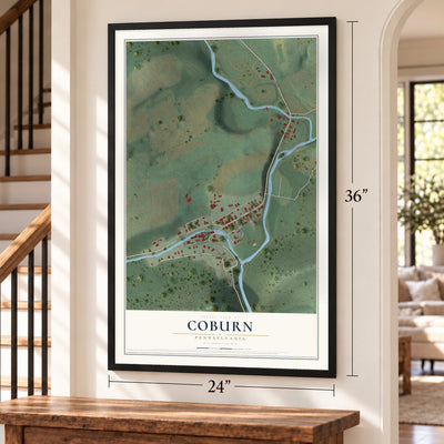 Coburn, Pennsylvania map, 24 x 36 inch print in a black frame by a staircase